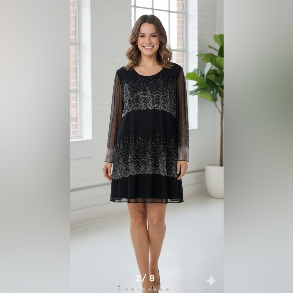 Garnet Hill Black with gray sequins round neck mesh dress size 12